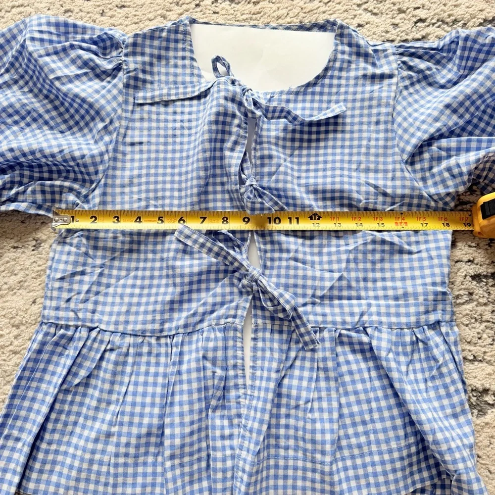NWOT-Woman’s Blue Plaid Gingham Babydoll Top w/ Tie Front Short Puff Sleeves - Picture 13 of 14